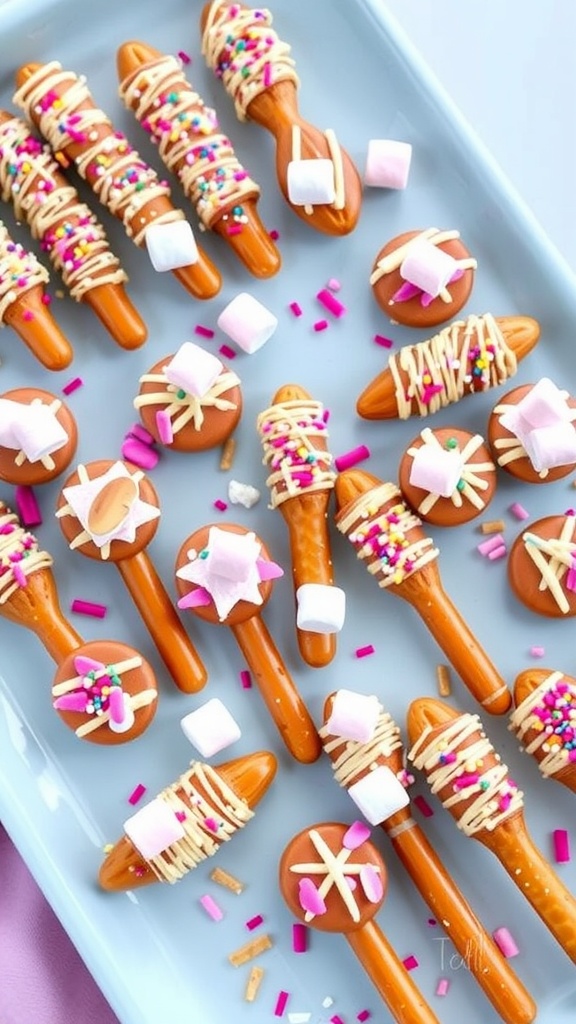 A colorful selection of snack nails made with pretzel sticks, almond slivers, and sprinkles on a platter.